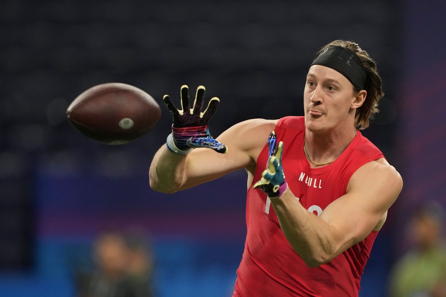 Tight end prospect Zack Kuntz catches a pass during the 2023 NFL Combine